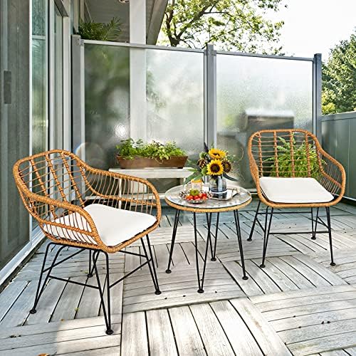 Tangkula 3 Pieces Patio Bistro Set, Rattan Conversation Set with 2 Cushioned Armchairs & Round Glass Coffee Table, Indoor Outdoor Wicker Furniture Set for Balcony, Backyard, Garden, Poolside