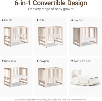MAMAZING EvoNest 6-in-1 Convertible Baby Mini Crib with Wheels | GREENGUARD Gold Certified, New Zealand Pine Wood, 4 Adjustable Heights, Rocking Mode, Small Spaces Design, Washed Natural