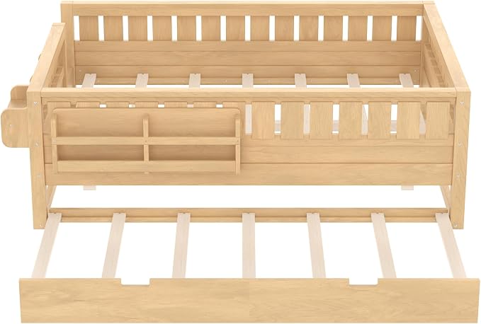 Bellemave Full Kids Montessori Bed with Stairs, Bookshelf and Trundle, Solid Wood Kids Bed Frame with Storage for Boys Girls, Low Profile,Light Natural