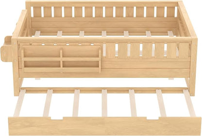 Bellemave Full Kids Montessori Bed with Stairs, Bookshelf and Trundle, Solid Wood Kids Bed Frame with Storage for Boys Girls, Low Profile,Light Natural