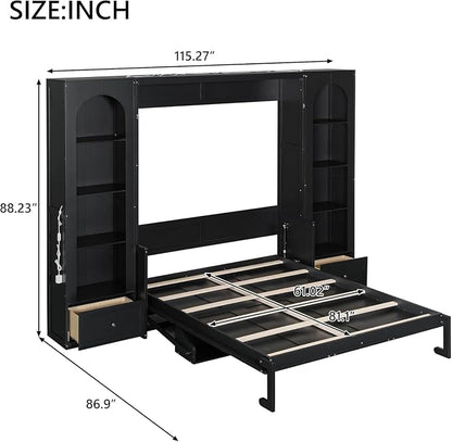 MERITLINE Queen Murphy Bed with Desk and Storage & LED Light, Solid Wood Hideaway Murphy Wall Bed with Storage Shelves Bookcase and Drawers for Adults Bedroom Office Library (Queen,Black)