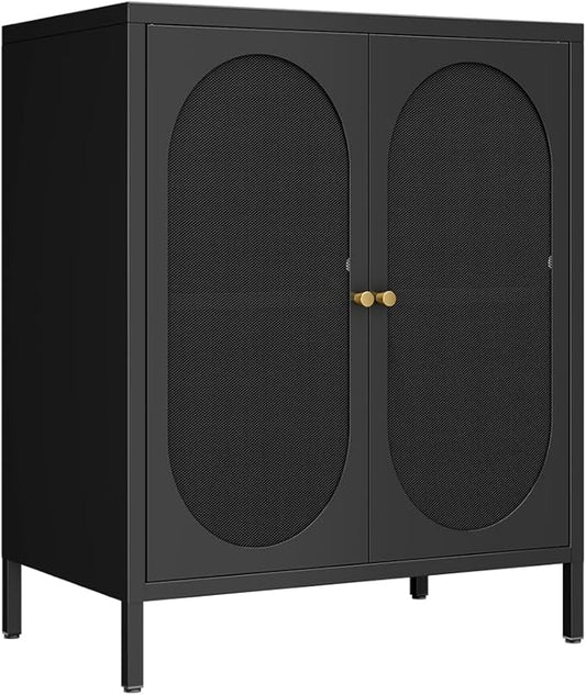 2 Mesh Door Accent Storage Cabinet for Home,Living Room,Office Room,Kitchen-Metal Locker Cabinet with 1 Adjustable Shelves-2-Tier (Small Mesh Door, Black)