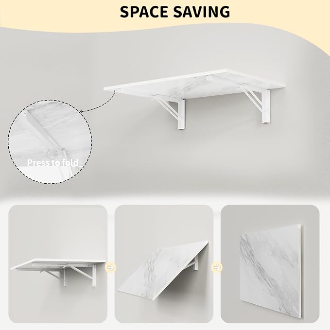 GOYLSER Wall Mounted Desk Folding Table Laundry Fold Table, White Marble Fold Down Work Bench, Foldable Mount Station for Floating Bar, Office, Dining Room, Kitchen, 35" x 20.5"