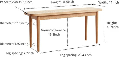 31.5'' Natural Rattan Dining Bench with 100% Solid Oak Wood Bench Frame, Bed End Shoe Ottoman for Kitchen Bedroom Entryway, Natural Oak