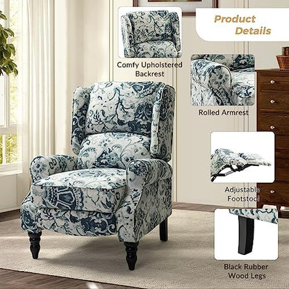 HULALA HOME Upholstered Wingback Recliner Chair, Small Adjustable Footrest Push Back Single Reclining Sofa, Mid Century Modern Lounge Armchair for Living Room, Bedroom, Reading/Floral