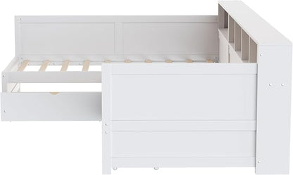 Bellemave L Shaped Corner Bed for 2 Kids, Double Twin Platform BedFrame with 3 Storage Drawers and Shelves, White