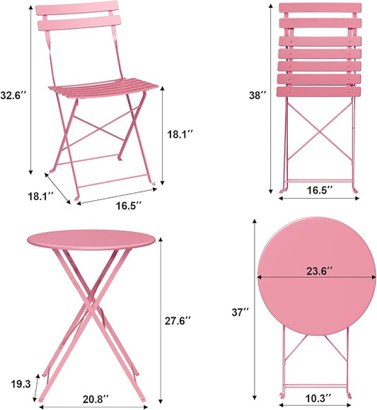 Bistro Table and Chairs Set of 4, 5 Piece Outdoor/Indoor Folding Patio Bistro Sets, 4 Chair Patio Furniture Set with Table, Premium Frame Foldable Coffee Tables for Balcony, Yard, Garden, Pink