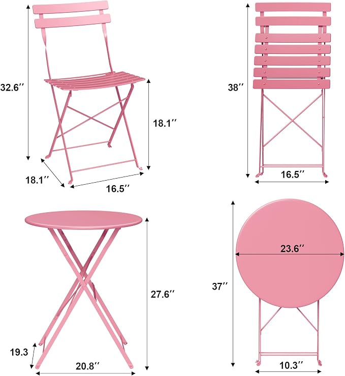 Bistro Table and Chairs Set of 2, 3 Piece Outdoor/Indoor Folding Patio Bistro Sets, 2 Chair Patio Furniture Set with Table, Premium Frame Foldable Coffee Tables for Balcony, Yard, Garden, Pink