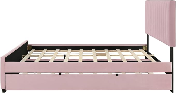 Ball & Cast Queen Bed Frame with Twin XL Size Trundle,Velvet Upholstered Platform Bed Frame Queen Size with Channel Tufted Headboard,Wood Slats Support,No Box Spring Needed,Easy Assembly,Pink