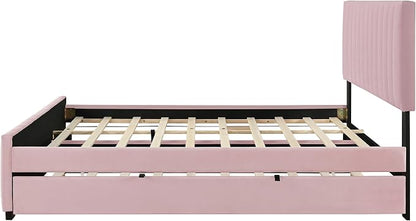 Ball & Cast Queen Bed Frame with Twin XL Size Trundle,Velvet Upholstered Platform Bed Frame Queen Size with Channel Tufted Headboard,Wood Slats Support,No Box Spring Needed,Easy Assembly,Pink