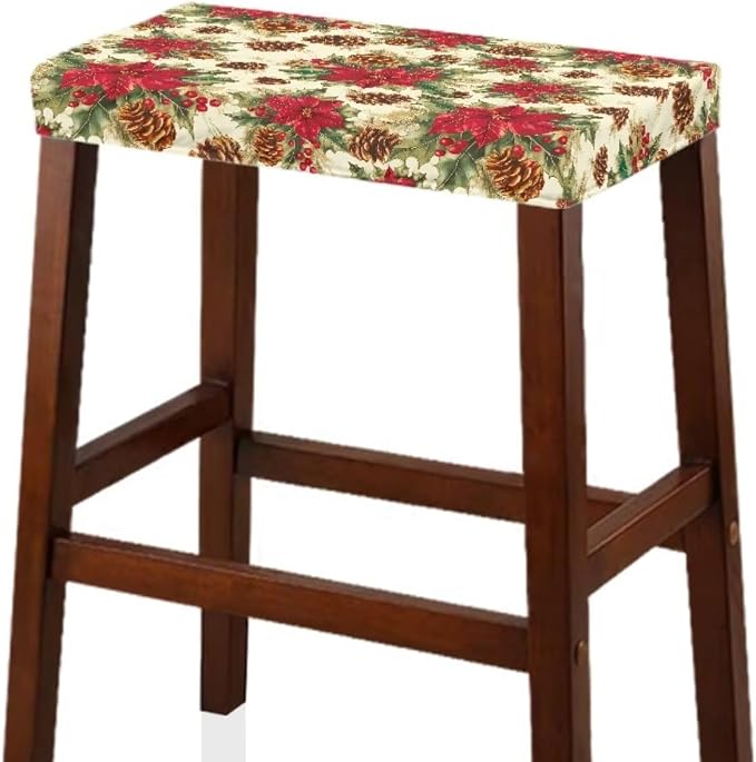 Christmas Flowers Bar Stool Seat Covers Holiday Festive Rectangle Bar Stool Cover 2 Pack Washable Removable Counter Stool Chair Covers for Kitchen Pub Dining Room