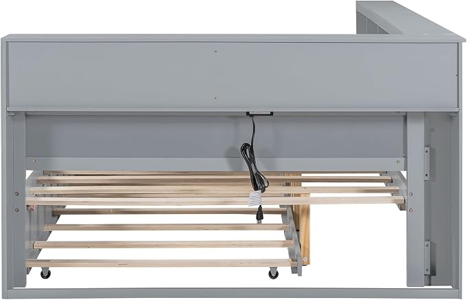 Bellemave Full Corner Bed Frame with Trundle, Wood Full Size Daybed with L-Shaped Bookcase，Daybed with Storage Cabinets, Gray