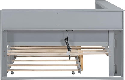 Bellemave Full Corner Bed Frame with Trundle, Wood Full Size Daybed with L-Shaped Bookcase，Daybed with Storage Cabinets, Gray