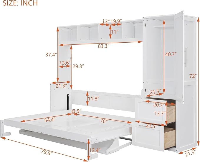 Virubi Full Horizontal Murphy Bed with Wardrobe Closet,2 Drawer,4 Storage Open Shelves,Wood Folding Murphy Wall Bed Cabinet, Slat Suuport (White,Full)