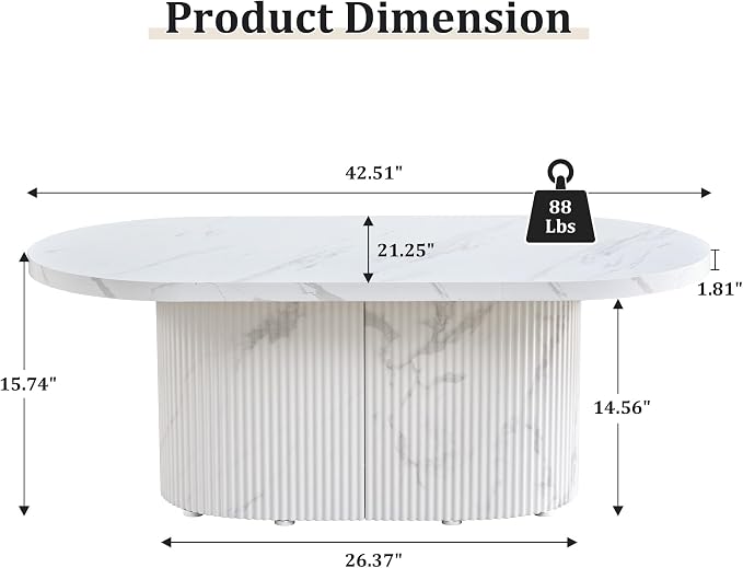 Oval Coffee Table, Modern Faux Marble Wood Coffee Table, Small Fluted Center Tea Table for Living Room,White