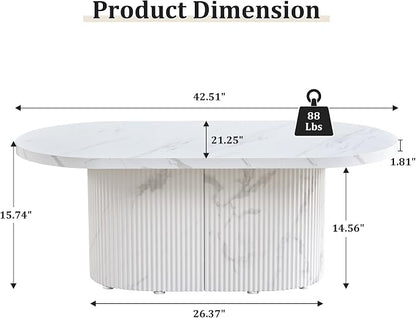 Oval Coffee Table, Modern Faux Marble Wood Coffee Table, Small Fluted Center Tea Table for Living Room,White