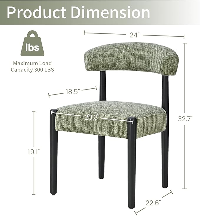VKNOW Wooden Dining Chairs Set of 4 with Black Rubberwood Legs, Green | Soft Chenille Fabric, Curved Open Back, Thickened Cushion, For Adults and Family, Dining Room, Kitchen, No Wobble