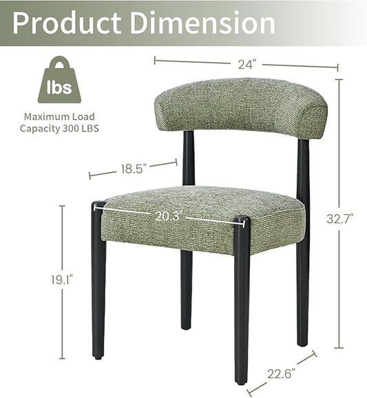 VKNOW Wooden Dining Chairs Set of 4 with Black Rubberwood Legs, Green | Soft Chenille Fabric, Curved Open Back, Thickened Cushion, For Adults and Family, Dining Room, Kitchen, No Wobble