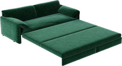 66" Sleeper Sofa Bed Queen Size, 3-in-1 Convertible Couch, Modern Pull Out Couches, Comfy Velvet Futon Sofa, Cloud Loveseat Lounge, Pillow Arm, for Small Spaces, Living Room, Apartment, Green