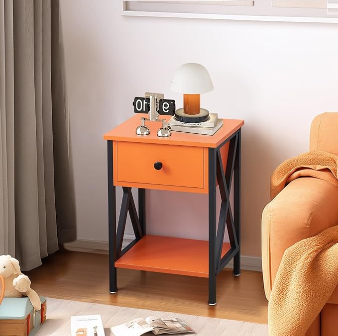 VECELO Nightstand,Modern Bedside End Table, Night Stand with Drawer and Storage Shelf for Living Room Bedroom, Industrial Metal Frame