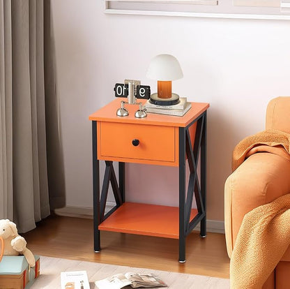 VECELO Nightstand,Modern Bedside End Table, Night Stand with Drawer and Storage Shelf for Living Room Bedroom, Industrial Metal Frame