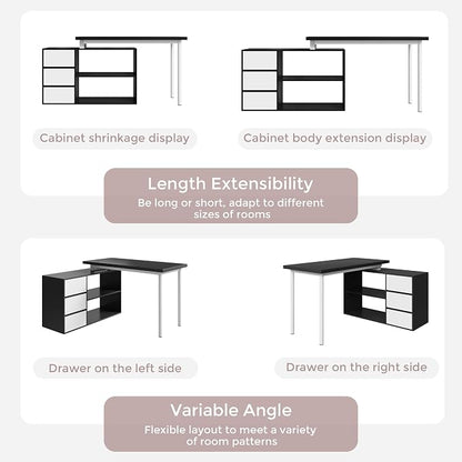 Home Office Computer Desk Corner Desk with 3 White Drawers and 2 Shelves, 53-inch L-Shaped Study Desk with Storage, Black + White