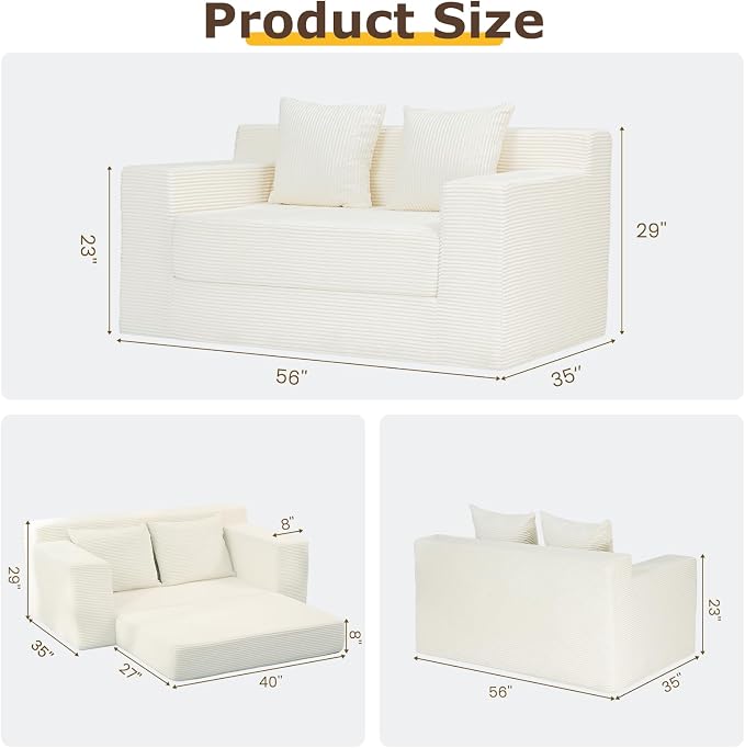 cidludto Convertible Sofa Bed, 3 in 1 Loveseat Folding Couch Bed Foldable - Chaise Lounge Chair & Floor Futon Sofa, Corduroy Pull Out Sofa Bed with 4 Pillows for Living Room, Beige