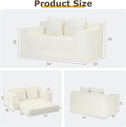 cidludto Convertible Sofa Bed, 3 in 1 Loveseat Folding Couch Bed Foldable - Chaise Lounge Chair & Floor Futon Sofa, Corduroy Pull Out Sofa Bed with 4 Pillows for Living Room, Beige