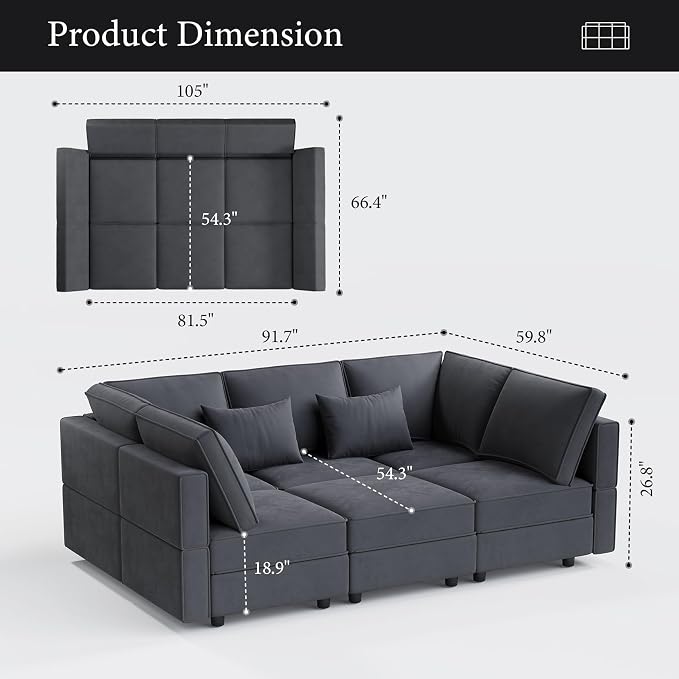 Vesgantti Sectional Sleeper Sofas with Storage, 92" Sofa Bed with 6 Seats Storage Chaises Removable Cover, Deep Seat Modular Couches Velvet Couch Set for Living Room, Apartment, Home Theater, Gray
