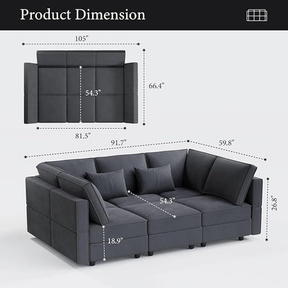 Vesgantti Sectional Sleeper Sofas with Storage, 92" Sofa Bed with 6 Seats Storage Chaises Removable Cover, Deep Seat Modular Couches Velvet Couch Set for Living Room, Apartment, Home Theater, Gray