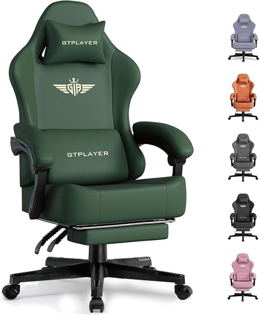 GTPLAYER Gaming Chair with Pocket Spring Cushion, Big and Tall Gamings Chairs 350LBS High Back Computer Chair with Footrest for Adults Lumbar Support Swivel Game Chair for Office, Leather Green