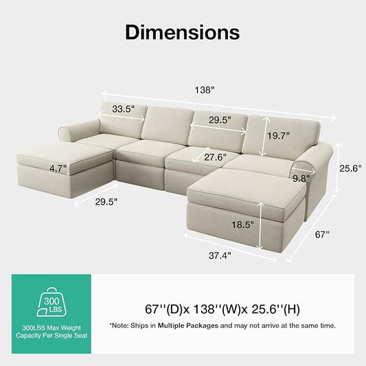 Novilla 138" Modular Sectional Sofa, Modular Sectional Couches for Living Room, Chenille Removable Cover Boneless Couch with Smarts Coil® Support U-Shaped Couch(Beige, 4 Seater + 2 Ottoman)
