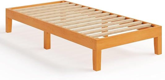 Sweetcrispy Twin Size Bed Frame 14 inch Heavy Duty Platform Bedframe, 500 lbs Capacity, Underbed Storage, No Box Spring Needed, Wooden Slats, Easy Assembly with Velcro, Honey Finish