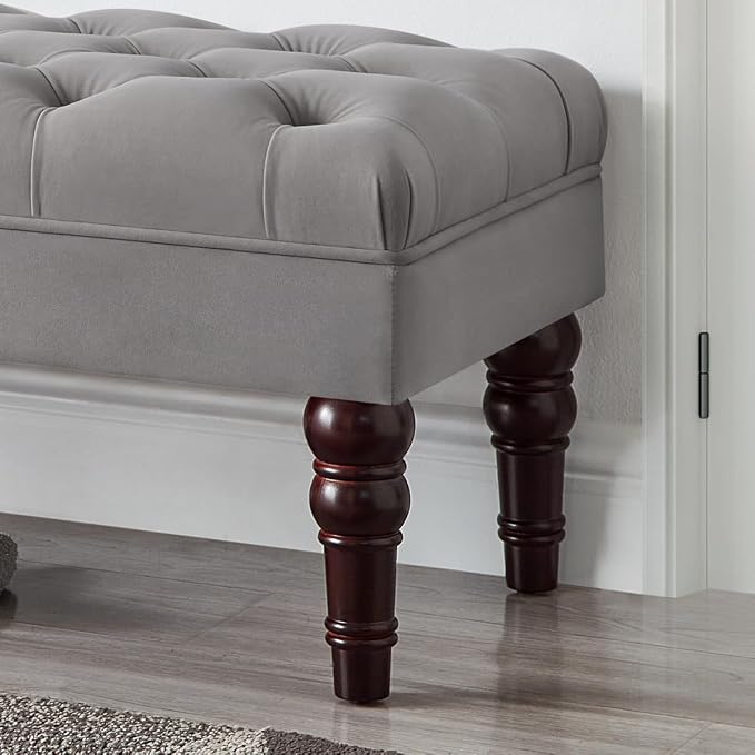 24KF Velvet Upholstered Buttons Tufted Entryway Bench with Solid Wood Leg,Bed Bench Ottoman with Padded Seat,5061N-Gray