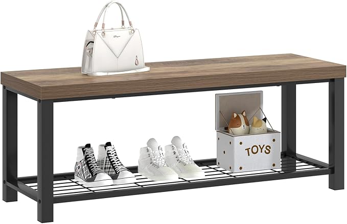 FOLUBAN Entryway Bench, Industrial Wood and Metal Storage Bench with Metal Shelf, Indoor Shoe Rack Bench Seat for Living Room, Bedroom, Hallway, Entrance, Rustic Oak, 47 Inch