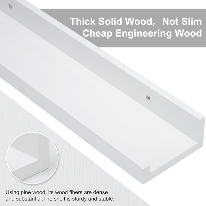 MBYD Whtie Wood Floating Photo Shelves 48 Inch Long Wall Mounted Picture Photo Ledge Display Shelf Nursery Book Shelves for Bedrooms Office Living Room Kitchen 3 Same Sizes