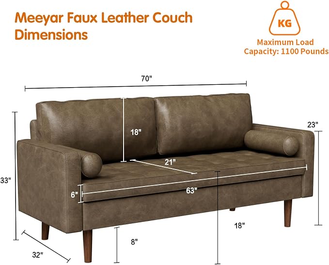70" Mid-Century Modern Sofa Couch – Faux Leather Loveseat Sofa with Deep Seat & Solid Wood Frame – Includes 2 Accent Pillows –Dark Brown Living Room Bedroom Office