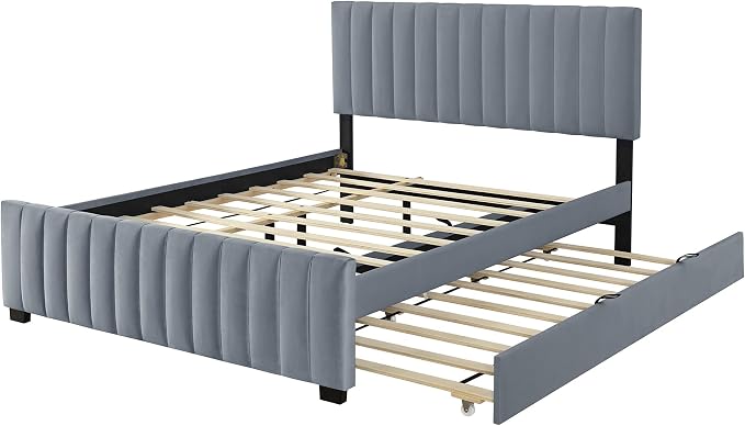Ball & Cast Queen Bed Frame with Twin XL Size Trundle,Velvet Upholstered Platform Bed Frame Queen Size with Channel Tufted Headboard,Wood Slats Support,No Box Spring Needed,Easy Assembly,Gray