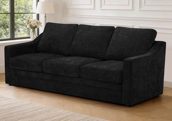 83” Chenille 3 Seats Sofa w/Comfortable Back Cushions, Black | Modern Couch w/Deep Seat Space, Upholstered 5 Seater Sofa w/High Resiliency Foam for Living Room