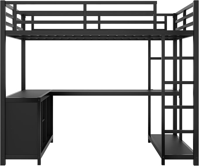 Bellemave Twin loft Bed with L Desk, Wardrobe, Metal Twin Loft Bed Frame for Adults, Kids, Teens, Black