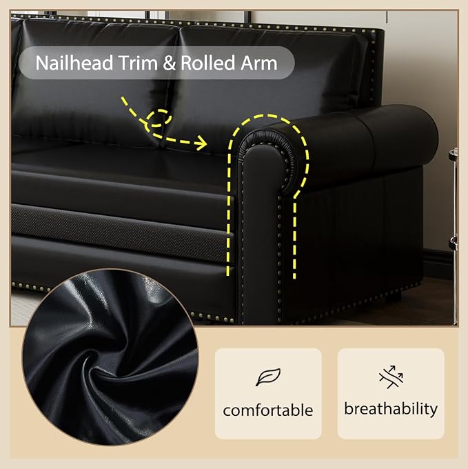 93.7" King Size Sleeper Sofa Bed, Pull Out Sofa Bed, Faux Leather Upholstery, 3 in 1 Convertible Sleeper Couch, Chaise Lounge, Retro Recliner for Living Room, Apartment, Office, Black