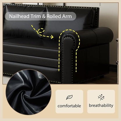 93.7" King Size Sleeper Sofa Bed, Pull Out Sofa Bed, Faux Leather Upholstery, 3 in 1 Convertible Sleeper Couch, Chaise Lounge, Retro Recliner for Living Room, Apartment, Office, Black