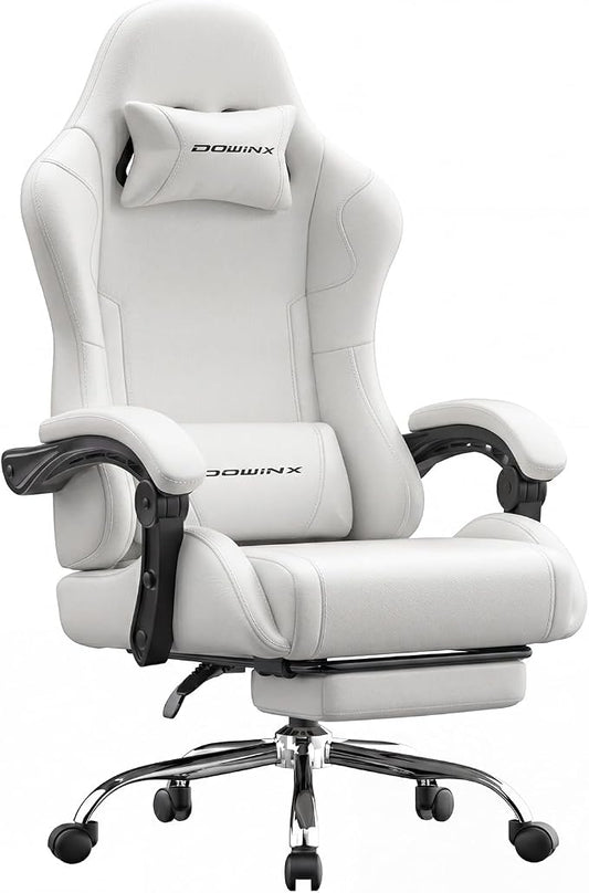 Dowinx Ergonomic Gaming Chair with Footrest & Massage Lumbar, 2D-Linkage Armrests for Computer Chair 330lbs with Headrest Pillow for Office, Home, Streaming and Long Gaming Sessions, Fabric Pure White