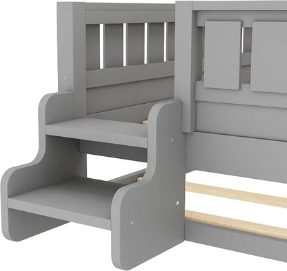 Bellemave Twin Size Kids Bed with high Rails and with Built-in Bookshelf and Trundle for Kids, Girls, Boys, Wood Montessori Bed Without Door, Gray