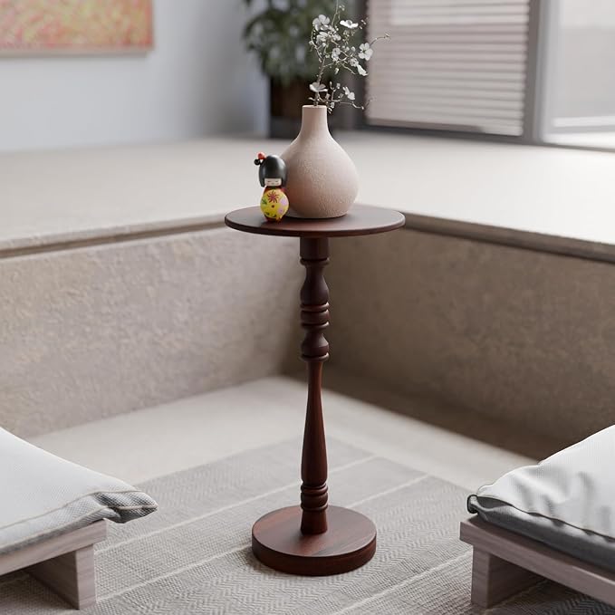 Relso Stambha Solid Wood Drink Table – 24" Tall Round Accent Side Table for Living Room or Bedroom, Narrow End Table or Indoor Plant Stand, Walnut Finish, Handcrafted Mango Wood Furniture