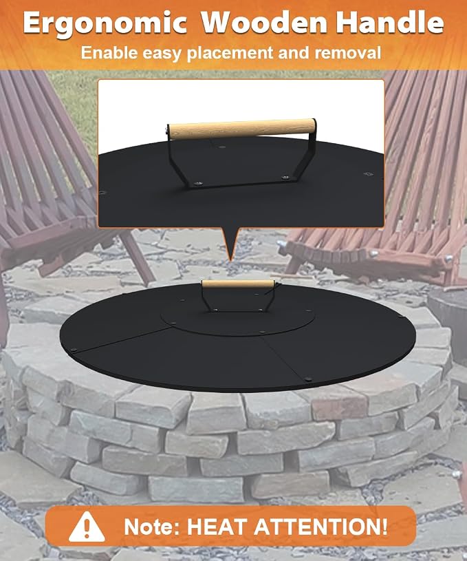 28" Wooden-Handle Fire Pit Lid for Pits up to 26", Round Metal Bonfire Pit Burner Pan Cover, Smokeless Fire Pit Cover for Fire Tables, All-Weather Resistance Outdoor Firepit Accessory