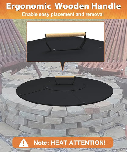 28" Wooden-Handle Fire Pit Lid for Pits up to 26", Round Metal Bonfire Pit Burner Pan Cover, Smokeless Fire Pit Cover for Fire Tables, All-Weather Resistance Outdoor Firepit Accessory