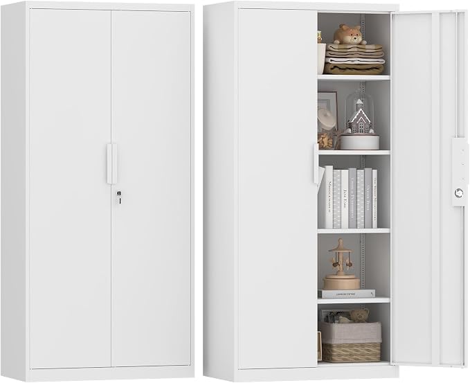 GREATMEET Metal Garage Storage Cabinet with 2 Doors and Shelves - 72" x 34" x 18" Steel Lockable File Cabinet, White Locking Tool Cabinets for Office Home Garage Gym School