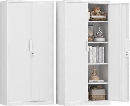 GREATMEET Metal Garage Storage Cabinet with 2 Doors and Shelves - 72" x 34" x 18" Steel Lockable File Cabinet, White Locking Tool Cabinets for Office Home Garage Gym School