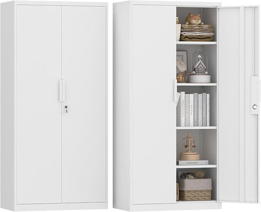GREATMEET Metal Garage Storage Cabinet with 2 Doors and Shelves - 72" x 34" x 18" Steel Lockable File Cabinet, White Locking Tool Cabinets for Office Home Garage Gym School